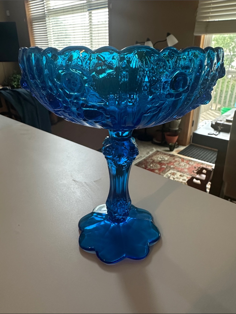 Pre 1970s Vintage Fenton Blue Decorative Glass Compote Bowl